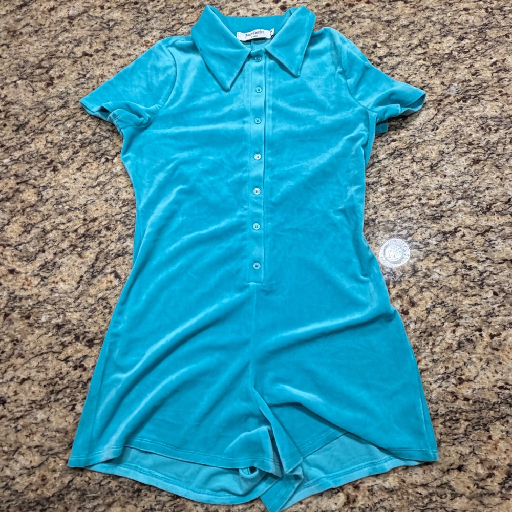 NEW Juicy Couture Velour Romper Turquoise Blue Rhinestone Logo Y2K Button  L ws